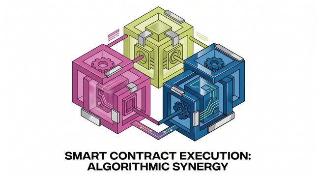 Smart Contract Execution: Algorithmic Synergy, a vibrant isometric illustration of interconnected blockchain technology, digital network, and data processing for financial innovation.