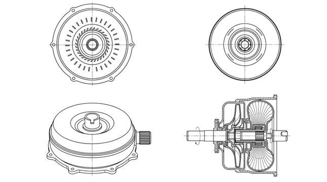 Torque converter automotive component technical drawing blueprint with front side back and sectional views CAD line art vector illustration