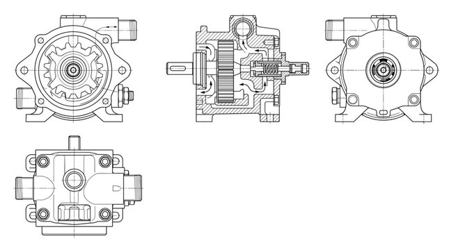 Oil pump automotive component technical drawing blueprint with front side back and sectional views CAD line art vector illustration
