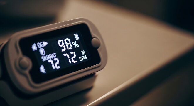 Close up of a digital pulse oximeter displaying vital signs.