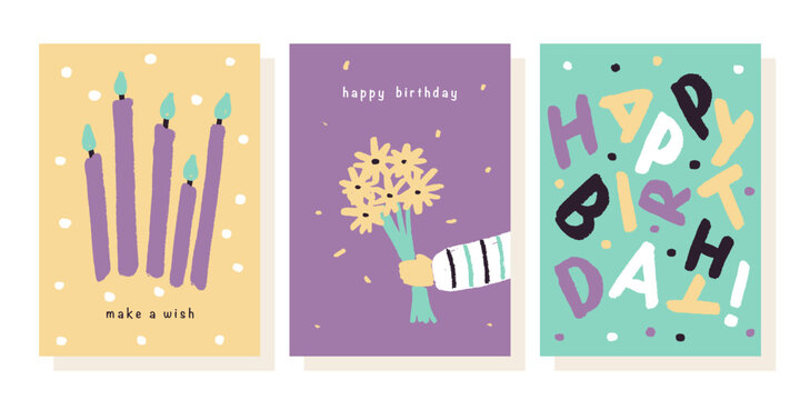 Set of greeting cards for birthday celebration. Hand drawn trendy cartoon cake, happy birthday lettering. Vector illustration