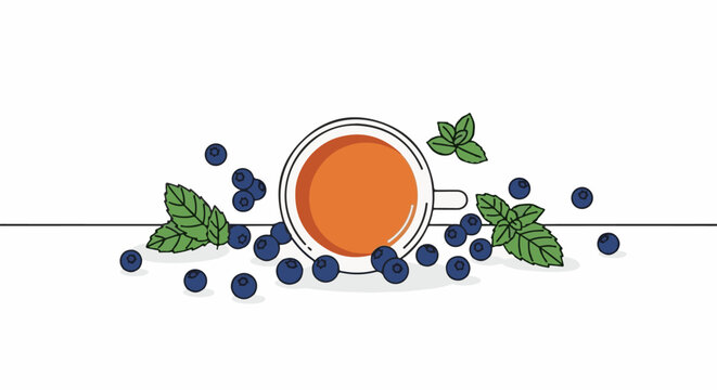 A top-down view of a cup of tea with blueberries and mint leaves