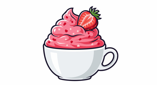 A white cup filled with pink swirled cream and strawberry pieces