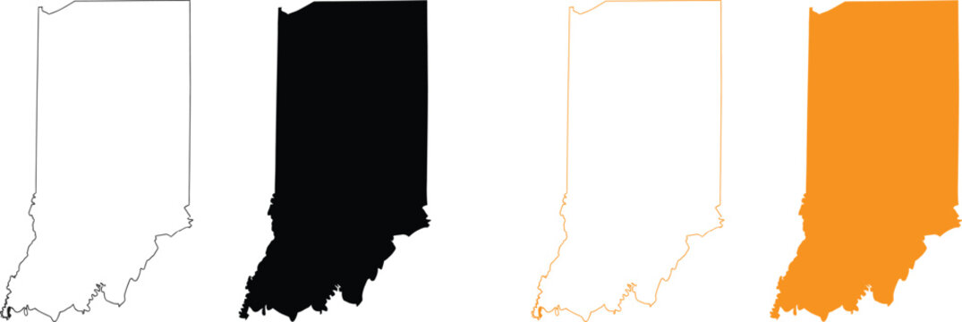 Indiana state map outline and silhouette icons in black and orange colors