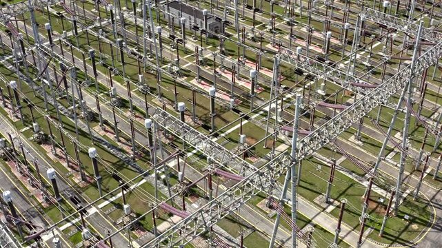 Aerial View of High Voltage Electrical Substation and Power Grid Infrastructure