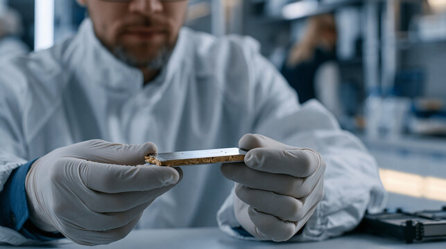 Materials scientist in cleanroom gown handles solid-state battery prototype cell with both gloved hands, ceramic electrolyte layer visible at fractured edge under lab bench