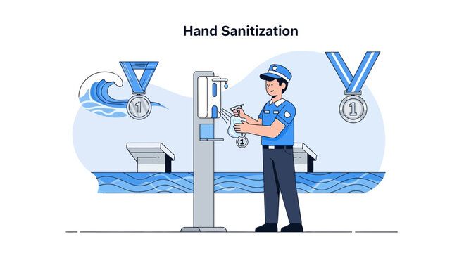Man in uniform sanitizing hands at a public dispenser, medals and waves in background