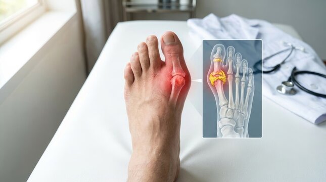 Inflamed joint malady: gouty arthritis, MTP discomfort, uric buildup, urate crystal, painful inflammation, foot agony, body condition, medical problem, patient health, big toe.