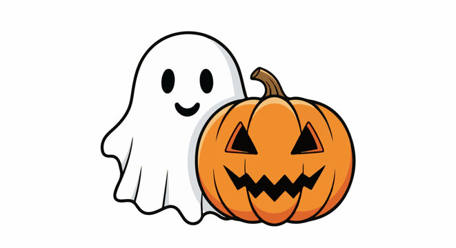 Adorable cartoon ghost and carved jack-o'-lantern pumpkin for Halloween