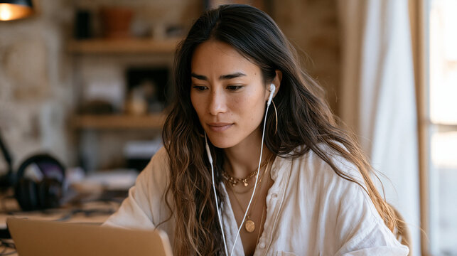 Multicultural async-first team communicating entirely through voice notes and screen recordings, team lead reviewing a colleague's recorded task walkthrough, noise-canceling