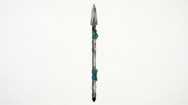 Illustration of a bamboo spear with blue strings tied around the shaft