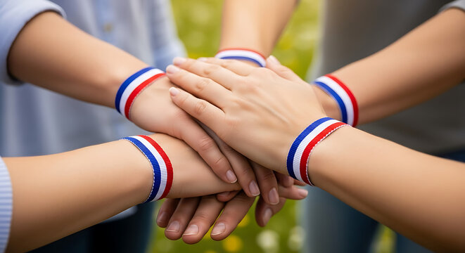 Group of people stack their hands together wearing matching red white and blue wristbands to show unity.