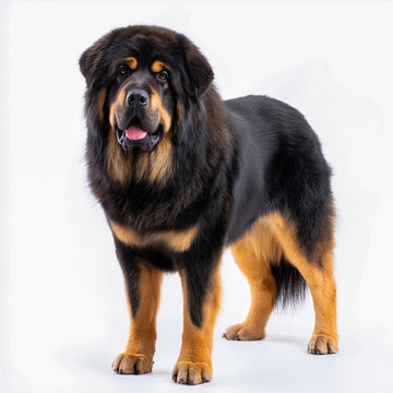 Large Tibetan Mastiff dog with thick black and tan fur standing upright against a plain white background, showcasing its strong build and distinctive features