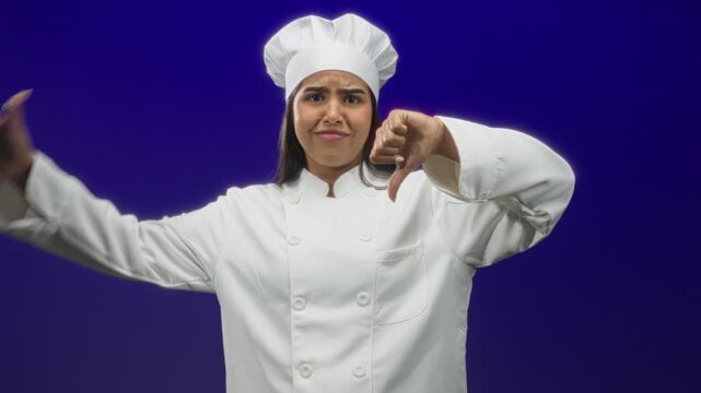 Young hispanic woman chef in white uniform gives thumbs down with hand and frowning face on purple studio backdrop; disappointment critique.