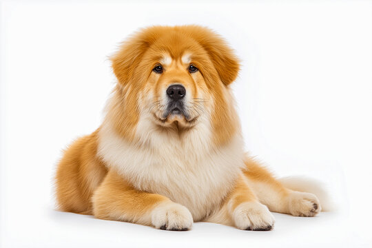 Golden Tibetan Mastiff dog lying on a white background, showcasing its thick fur coat and distinctive facial features with a calm expression