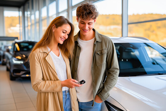 Young couple smiling while holding car keys inside a modern car dealership, with vehicles and large windows visible in the background