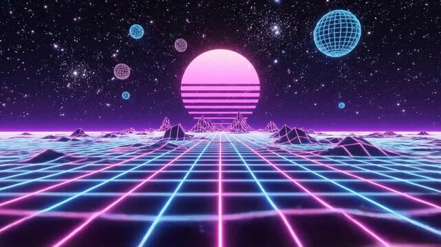 Retro neon grid landscape with glowing sun and wireframe planets in starry space