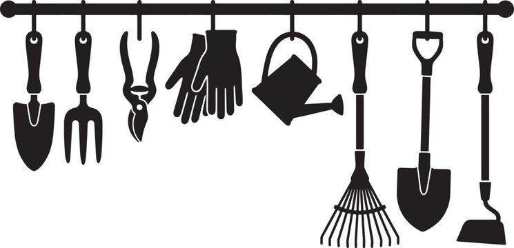 Collection of black silhouette garden tools hanging on a metal bar isolated on transparent background