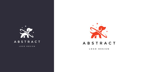 Dog logo design featuring a minimalist canine silhouette with orbit rings and sparkling stars in orange and white vector format © Designer996
