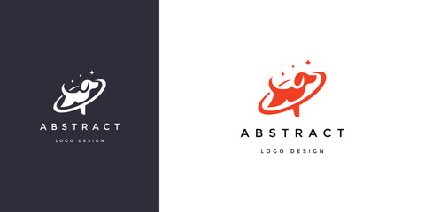 Dog logo design featuring a stylized puppy silhouette within a circular orbit shape with sparkling stars in vector graphic format © Designer996