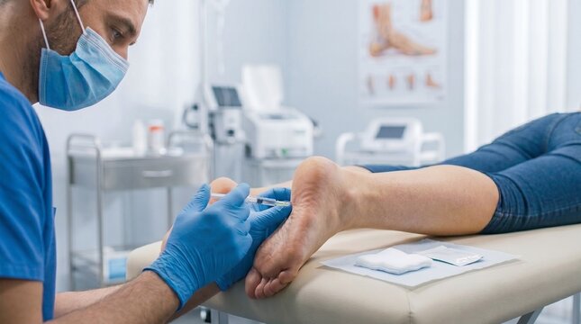 Doctor giving injection into patient foot in bright medical clinic