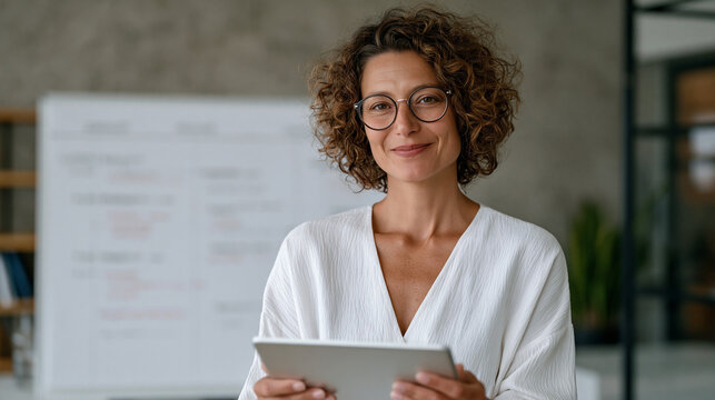 Team member recording a clear and detailed asynchronous briefing on a tablet, holding the device at arm's length, speaking directly into camera, whiteboard with organized project
