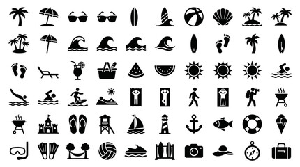 Fototapeta premium A large collection of minimalist flat vector beach and summer vacation icons.