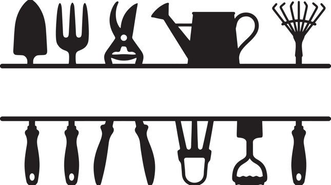 Collection of black silhouette gardening tools arranged on a split horizontal line isolated on a transparent background