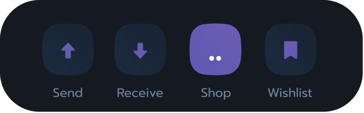 Modern mobile app transaction menu with send receive shop and wishlist buttons on dark background