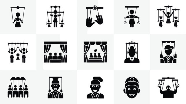 Set of 15 Black Puppet and Control Glyph Icons Vector