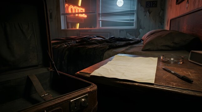 Blank letter and open suitcase in a dark noir motel room at night