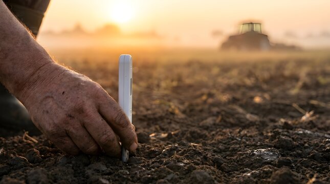 Farmer inserting a smart soil sensor probe into plowed field at sunrise