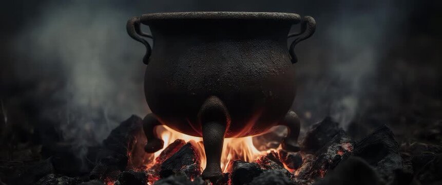 Rusty iron cauldron with crimson lens flare and glowing embers