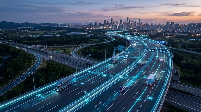 Futuristic highway infrastructure featuring intelligent traffic control with connected trucks.