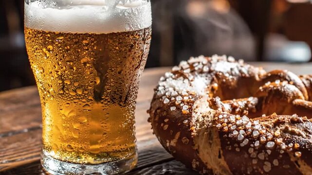 Cold lager beer and salted soft pretzel on rustic wooden table