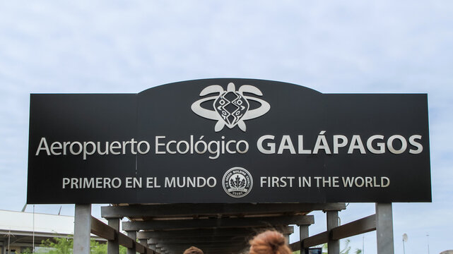 Baltra Island, Ecuador - May 20, 2026: Sign at Seymour Galapagos Ecological Airport welcoming tourists to the world's first green airport. Editorial Use.