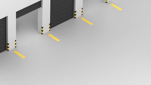 Autonomous pallet jacks with boxes delivering them into the warehouse gates, loopable 3d render
