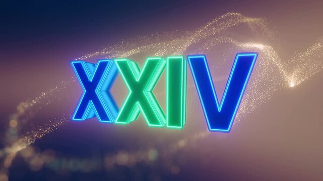 Elegant animated xxiv roman numeral logo reveal with glowing neon blue and green light effects and soft floating gold particles