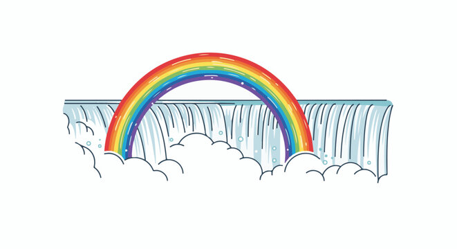 A vibrant rainbow arches over a stylized waterfall with foamy mist
