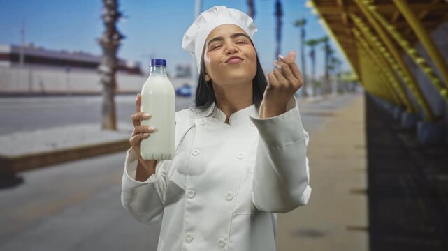 Young chef woman holding milk bottle and making pinched fingers taste gesture with visible hand and chef hat on urban street; playful confidence.