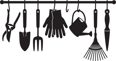 Collection of essential gardening tools neatly arranged and hung on a rack indoors © GraphicGrove