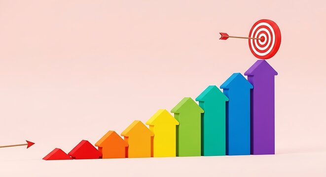 Concept of business growth and success depicted with colorful houses and an arrow hitting a target