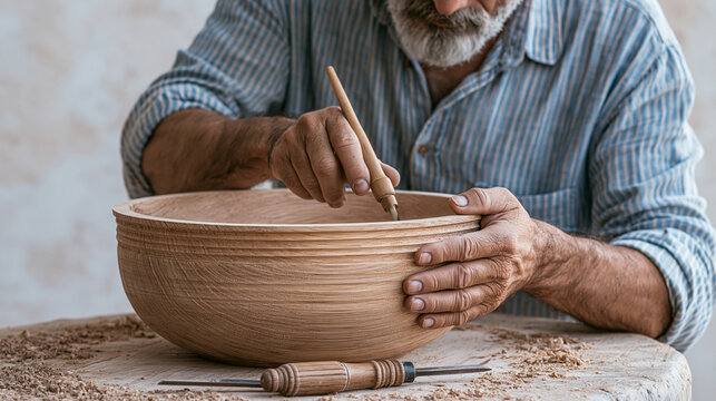 Elderly man with gray beard carefully carving a handmade ceramic bowl with a wooden tool in his workshop hands detail craftsmanship hobby woodworking