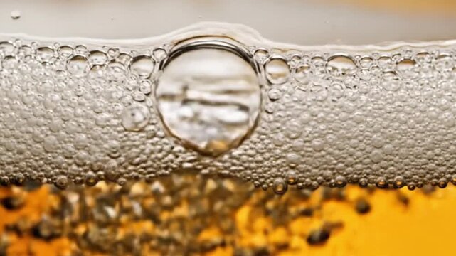 Macro of golden beer foam and rising carbonated bubbles