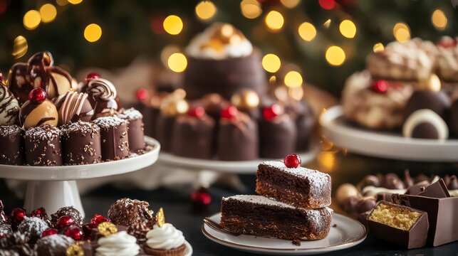 A decadent display of chocolate desserts, including a cake with a cherry on top, on a table with a blurred background of golden bokeh lights.