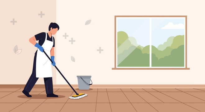 Housekeeper Mopping Floor in Bright Room with Window View of Green Hills