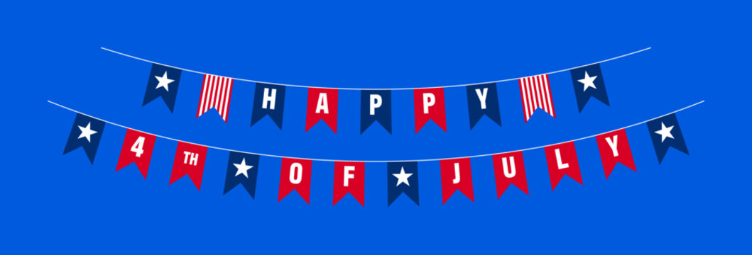 Happy 4th of July Bunting Flag Decoration Isolated on Blue Background. Fourth of July Bunting Pennant Decoration Vector Illustration for Independence Day Poster, Card, Banner, Ad, Background.