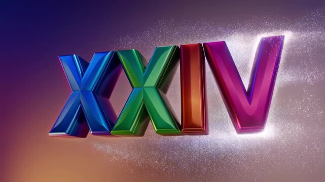 Multi colored xxiv roman numerals emerging with glowing particle burst effects in elegant slow motion abstract motion design