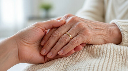 Fototapeta premium Elderly care, hands and support for senior people with empathy, nursing home service and medical assistance. Compassion, love and retirement with healthcare, aging family, hospice and companionship