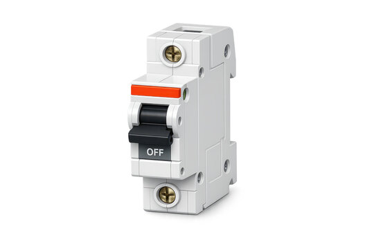 image.png White miniature circuit breaker with black OFF switch, red indicator strip and metal screws, isolated on transparent background